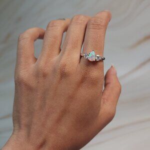 Created Pink Opal & Lab Grown Diamond Pear Round ring .925 Sterling Silver